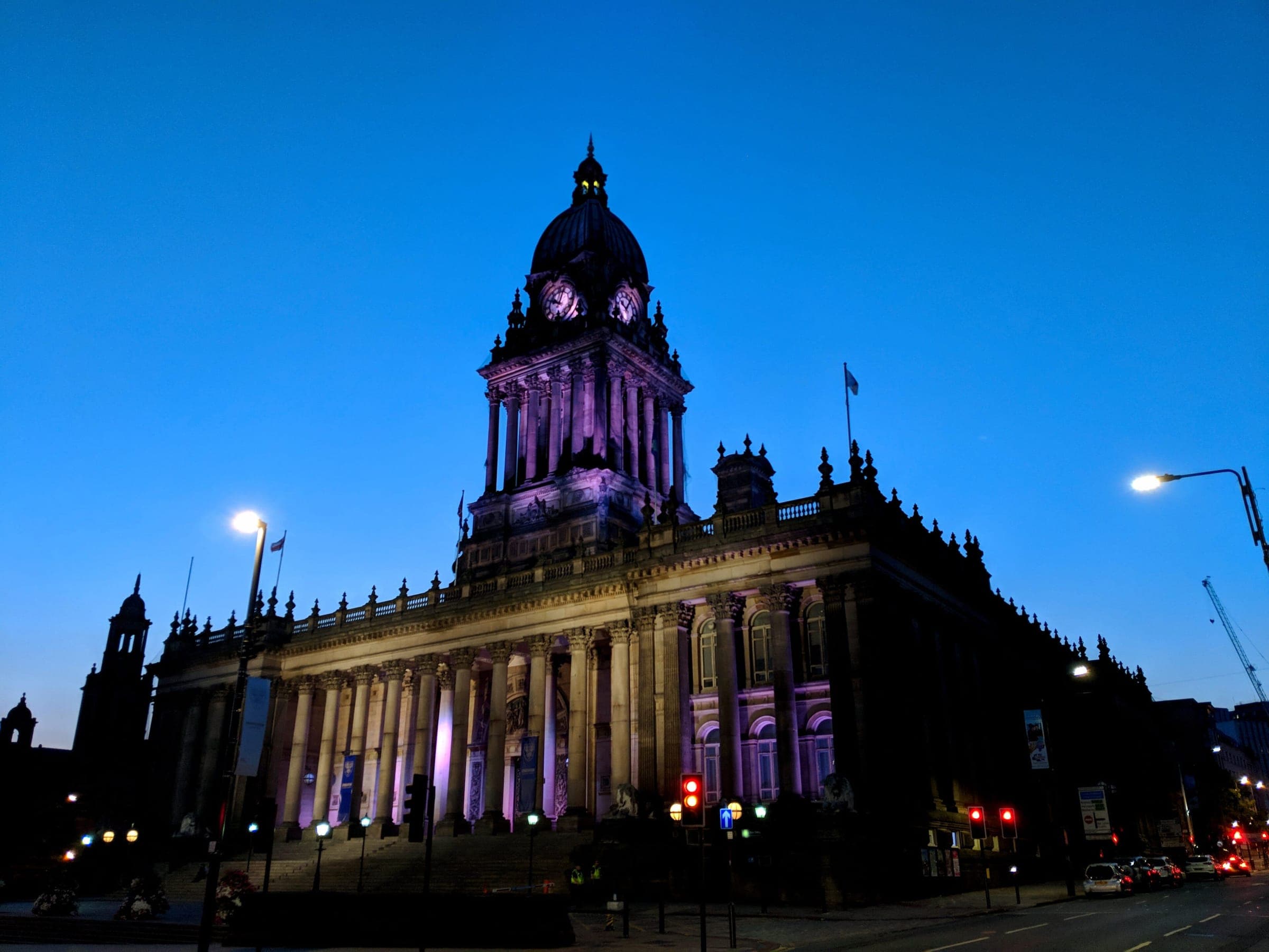 Leeds Town Hall illuminated at dusk