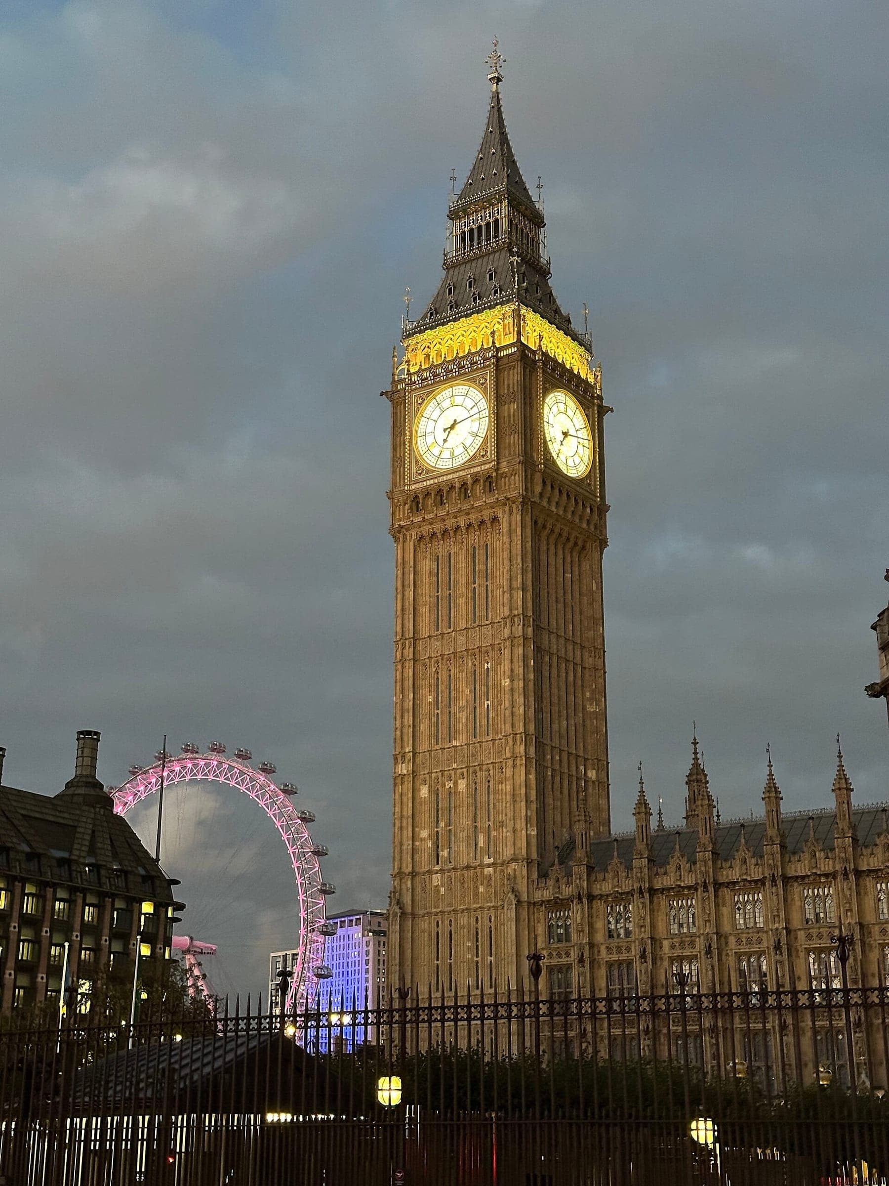 Big Ben and the London Eye at dusk